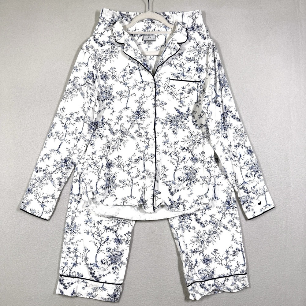 Petite Plume Pajamas Set XS Timeless Toile White Blue Twill Luxury Top Pants
